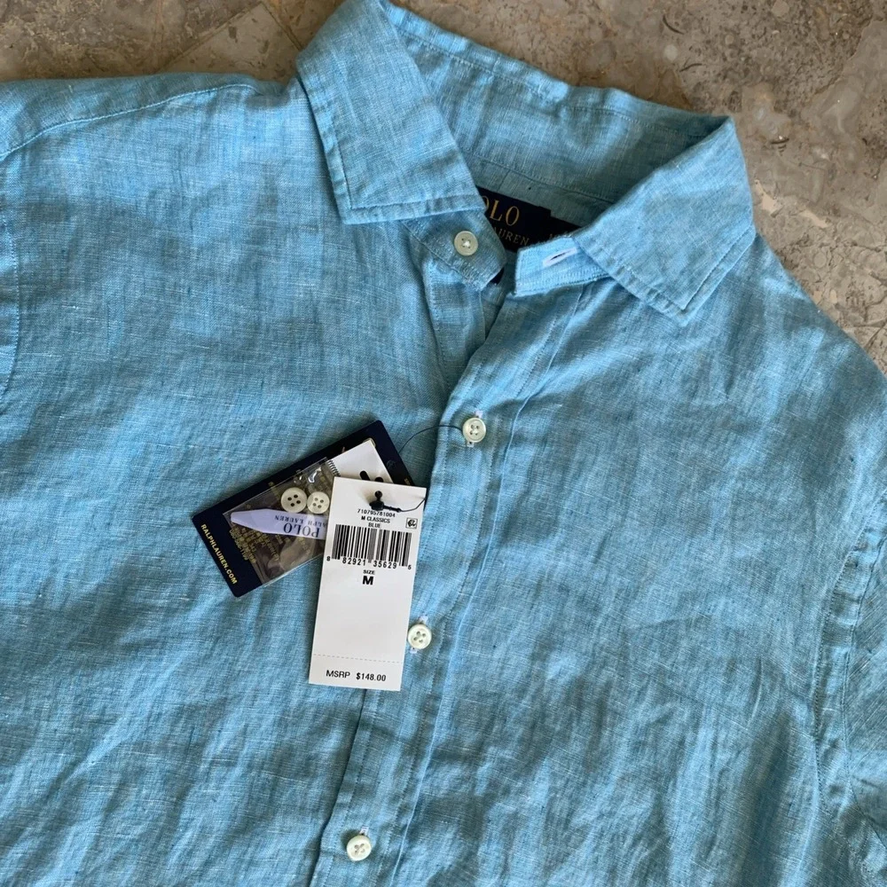 NWT $148.00 Polo Ralph Lauren 100% Linen Aqua Classic Fit Button Up Shirt sz M